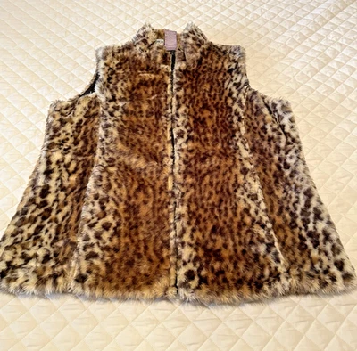 Laura Scott Faux Fur Animal Print Zipper Vest - Image 1 of 4