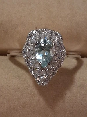 Aguamarina natural 7x5 mm y circonitas circonitas simuladas, placa de plata de ley 925 de 14 KWG, talla 8 Foto 1 de 4