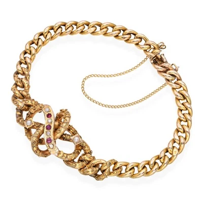 Antique Victorian 14k Yellow Gold Ruby and Pearl Link Bracelet - Image 1 of 4