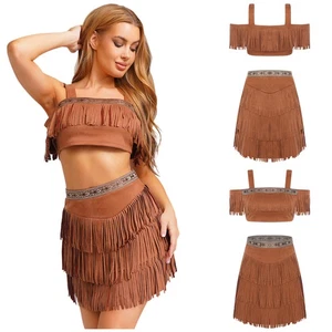Women Princess Set Vintage Tassel Trim Crop Top Skirt Faux Suede Tribal Outfit - Picture 1 of 24