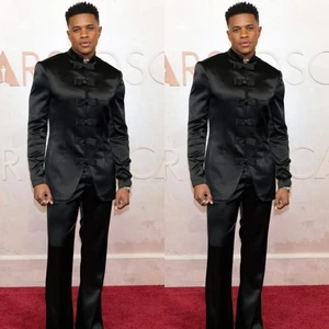 Black Silk Satin Men Suits Evening Party Formal Wedding Prom Men Blazers Pants - Picture 1 of 9