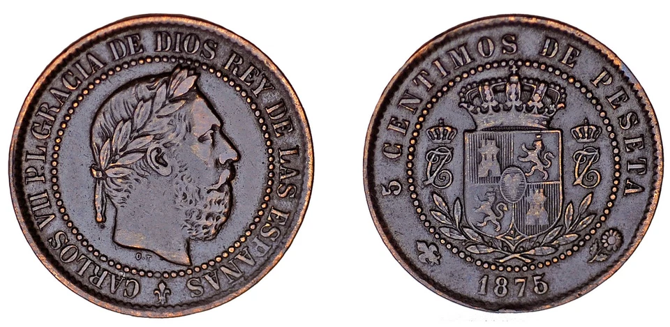 5 COPPER CENTS / 5 CÉNTIMOS COBRE. CARLOS VII. BRUSELAS, 1875. VF+ / MBC+ - Imagen 1 de 1