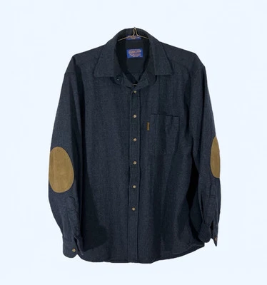 复古 Pendleton 海军蓝纽扣麂皮绒肘部羊毛小径法兰绒衬衫大号 — 第 1/4 张图片