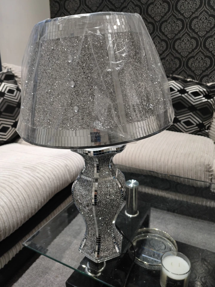 Crushed Crystal Diamond Mirrored Table Vase Lamp With Shade And LED Bulb Bling - Image 1 of 1