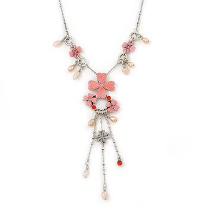 Pink Enamel Floral, Freshwater Pearl Necklace In Silver Tone - 38cm L/ 5cm Ext - Picture 1 of 6