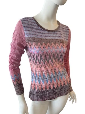 Top PrAna Talla Mediana Lottie Burnout Estampado Azteca Azul Rosa Tostado Manga Larga M Foto 1 de 4