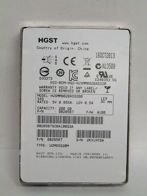 Hitachi 2.5" 200GB 6Gbps SLC SAS SSD Solid State Drive HUSMM8020ASS200 0B28587 - Image 1 of 2