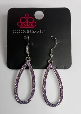 Nuevos Pendientes Colgantes Paparazzi Lágrima Púrpura y Plata Brillantes Ligeros Foto 1 de 3