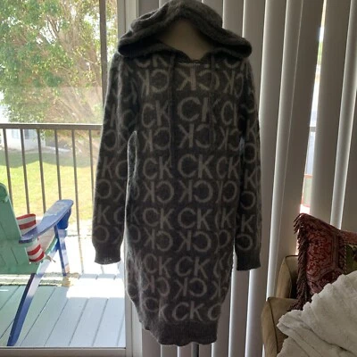 Calvin Klein Talla M Mujer Sudadera con Capucha Suéter Vestido Tejido Manga Larga Hasta la Rodilla Logo Foto 1 de 4