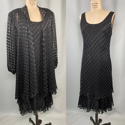 Conjunto de Vestido y Chaqueta Vintage LILLI RUBIN TALLA GRANDE 12 Negro Aleta Transparente Años 80 90 Foto 1 de 4
