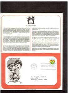 Postal Society First Day Cover FDC stamp # 2248 22 cent Love Special Stamp 1987 - Picture 1 of 1