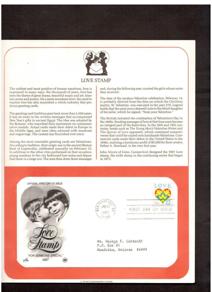 Postal Society First Day Cover FDC stamp # 2248 22 cent Love Special Stamp 1987 - Image 1 of 1