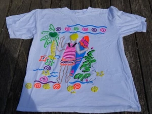 Vintage 80s Neon Puff Paint Surfs Up Surfen Neon White T-Shirt Size XL Cotton - Bild 1 von 8