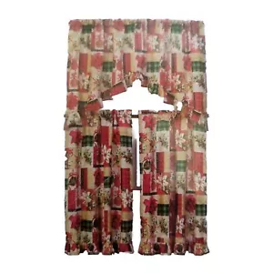3 PC Kitchen Curtain Set Christmas Poinsettia Ruffled Swag Valance & Tiers New - Picture 1 of 6