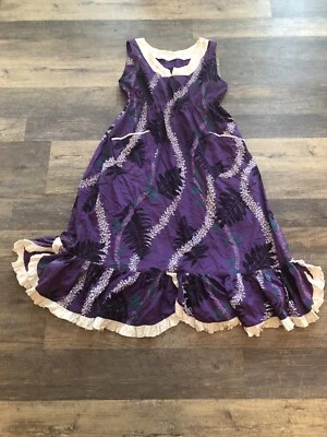 Vestido Muumuu Vintage Algodón Púrpura Crema Negro Floral Hawaiano con Volantes ~ S/M Foto 1 de 4