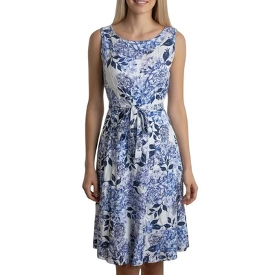 Vestido Laura Ashley Japón Sin Mangas con Cinturón Blanco Azul Floral Línea A Talla 11 Foto 1 de 4