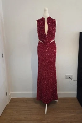 Stunning Red Sequin BallGown Evening Dress Size 12 High Neck Mermaid Maxi  - Image 1 of 4