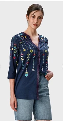 Top túnica EShakti Wayward Fancies L grande 12 boho floral bordado azul marino Foto 1 de 4