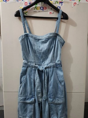 Free People Jumpsuit Womens M Go West Utility Waist Belt Strappy Cutoff Denim - Image 1 of 4