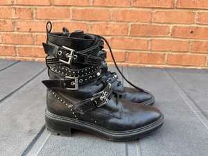Zara Black Leather Ankle Zip Lace Up Studded Biker Gothic Punk Bootie Boots UK 5 - Picture 1 of 12