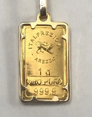 24k Gold 1 gram Italian Ingot Pendant with 14k Gold Chain-Arezzo - Image 1 of 4