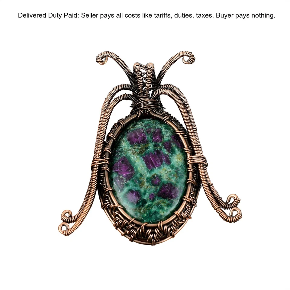 Oferta de Año Nuevo Ovalado Rubí Fucsita Piedras Preciosas Alambre Envuelto Boda Colgante Cobre Foto 1 de 4