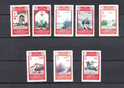 Conjunto de selos TBC espanhol Marrocos 1952 (Michel 351/58) MLH, algumas manchas marrons em gu - Imagem 1 de 2