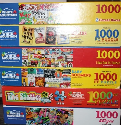 Lot of 6 White Mountain 1000 Pc Puzzles -Cereal Boxes Best Sellers Baby Boomers - Image 1 of 4