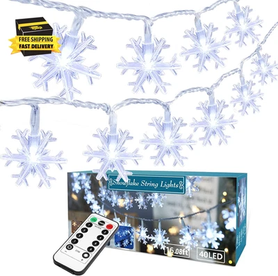 White Snowflake Christmas String Lights, 16.08Ft 40 LED Christmas Lights with Re - Image 1 of 4
