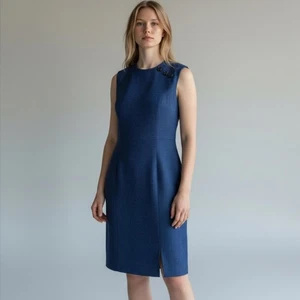 Kay Unger Blue Black Light Tweet Sheath Dress With Buttons Sleeveless Size 10 - Picture 1 of 6