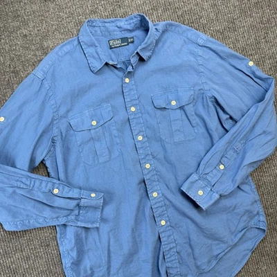 VTG Polo Ralph Lauren Shirt Mens XL Blue Linen Cotton Utility Pockets Roll Tab - Image 1 of 4