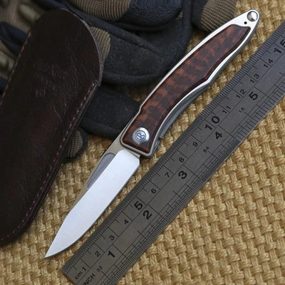 Cuchillo plegable de bolsillo con funda de cuero Mnandi mango de madera de titanio S35vn hoja Foto 1 de 4