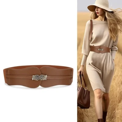 Real Leather Waist Belt Gold Flowers Buckle Women Dresses Coats Elastic Belt - Image 1 of 4