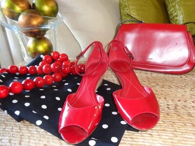 Enzo Angiolini red patent  leather sandals cork wedge ankle strap peeptoe used 9 — 第 1/4 张图片