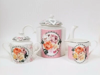 SET OF 3 PC ANCHORAGIE GRAY,PINK,ORANGE PEONY FLOWER,TEA POT,TEAPOT,CREAMER,SUGA - Image 1 of 4