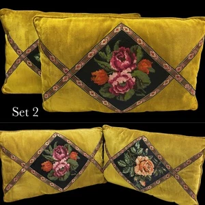 Vintage Set 2 Needlepoint Velvet Throw Accent Pillows Cushions Gold Floral 22” - Picture 1 of 20