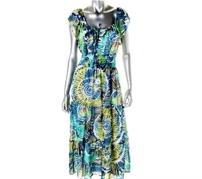 VESTIDO MAXI TIANA B para mujer $99 AZUL CHIFÓN ESTAMPADO LÍNEA A TALLA 4 NUEVO CON ETIQUETAS Foto 1 de 3