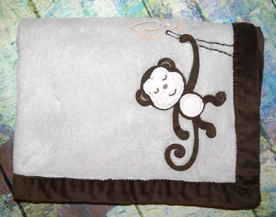 Nojo Monkey Baby Blanket Brown Edging Gray/Green Plush Fleece 29" x 39" - Image 1 of 4