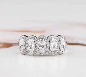 Five Stone Total 2.50 CT Sterling Silver Halo Oval Cut Moissanite Wedding Ring - Picture 1 of 7