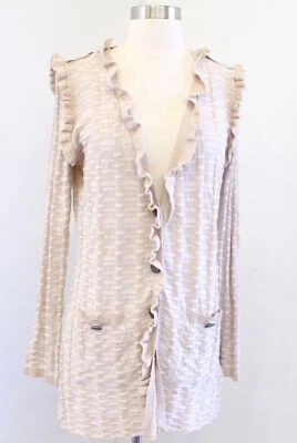 Suéter Cárdigan Hugo Boss Beige/Blanco Tostado Tejido Volantes Frontales Talla M Foto 1 de 4