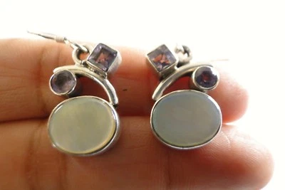 Pendientes de gancho colgantes madreperla amatista plata de ley 925 Foto 1 de 3