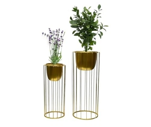 Gold Set of 2 Planter Pots with Metal Stands/Plant Pot for Indoor/Outdoor Flower