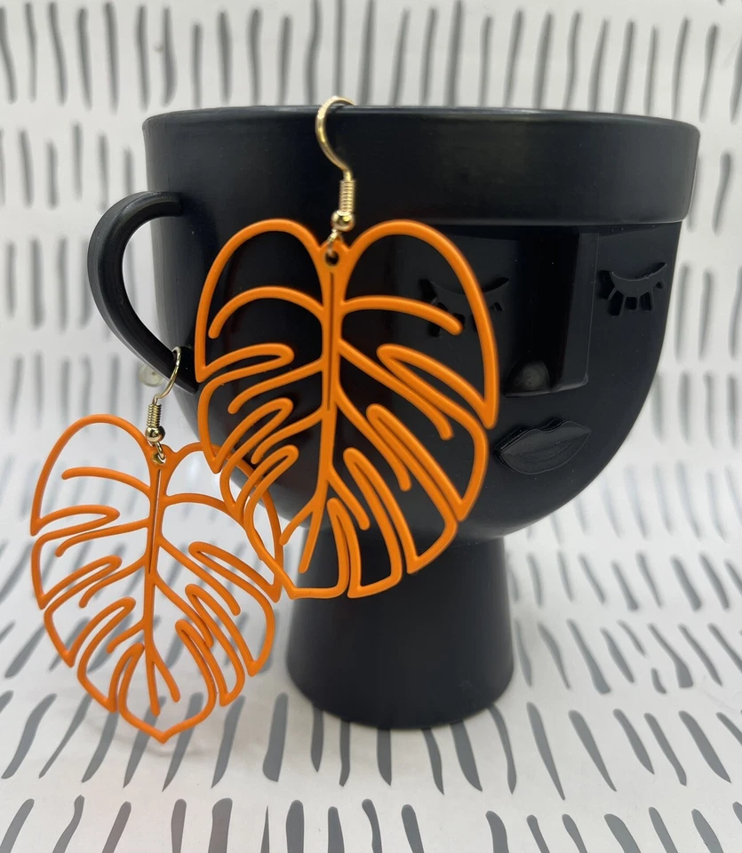 Neon Orange Monstera Leaf Earrings - Image 1 of 1