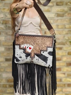 Poker Cards Las Vegas Western Cowhide FRINGE LEATHER BAG Tassel vintage Hippie - Image 1 of 4