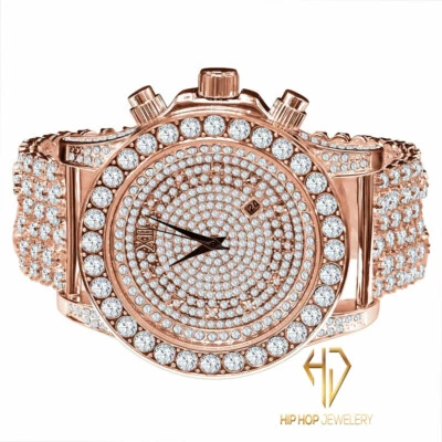 Rose Gold 2 Tone Simulated Diamond Solitaire Bling Master Custom Watch With Date - Photo 1/4