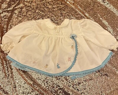 Tiny Tots Vintage Baby Dress Top Embroidery Blue White Floral 3-6 Months 70’s - Image 1 of 4