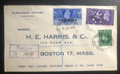 1946 Tangier British Agencies First Day Cover FDC To Boston USA Victory Issue C - Image 1 of 2