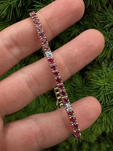 10Ct Round Cut Natural Red Ruby & Diamond Tennis Bracelet 14K Real Yellow Gold - Picture 1 of 9