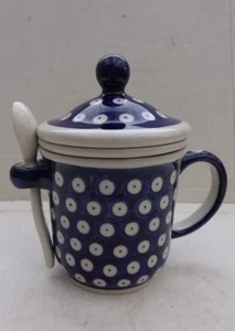 BOLESLAWIEC Bunzlauer Keramik Teetasse mit Sieb,Deckel u. Teelöffel Poland/Polen - Bild 1 von 10