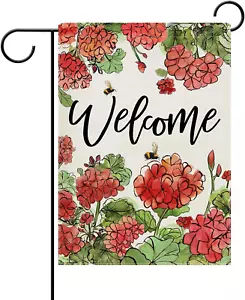 Welcome Spring Summer Geranium Decorative Garden Flag, Red Flower Floral Bee Yar - Picture 1 of 7